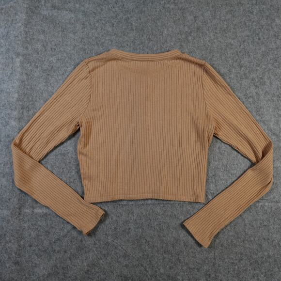 Reformation Top Womens Medium Tammy Buff Tan Ribbed Crew Neck Button Casual - Picture 6 of 8